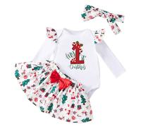 BMKKTOP My First Christmas Baby Girl Outfit, Newborn Infant Toddler Baby Girls Long Sleeve Romper Plaid Ruffle Tutu Skirt Shorts Set with Headband Stocking 4PC Cute Xmas Clothe