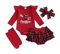 BMKKTOP My First Christmas Baby Girl Outfit, Newborn Infant Toddler Baby Girls Long Sleeve Romper Plaid Ruffle Tutu Skirt Shorts Set with Headband Stocking 4PC Cute Xmas Clothe