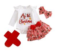 BMKKTOP My First Christmas Baby Girl Outfit, Newborn Infant Toddler Baby Girls Long Sleeve Romper Plaid Ruffle Tutu Skirt Shorts Set with Headband Stocking 4PC Cute Xmas Clothe