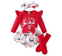 BMKKTOP My First Christmas Baby Girl Outfit, Newborn Infant Toddler Baby Girls Long Sleeve Romper Plaid Ruffle Tutu Skirt Shorts Set with Headband Stocking 4PC Cute Xmas Clothe