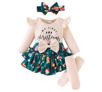 BMKKTOP My First Christmas Baby Girl Outfit, Newborn Infant Toddler Baby Girls Long Sleeve Romper Plaid Ruffle Tutu Skirt Shorts Set with Headband Stocking 4PC Cute Xmas Clothe