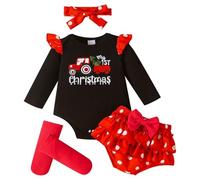 BMKKTOP My First Christmas Baby Girl Outfit, Newborn Infant Toddler Baby Girls Long Sleeve Romper Plaid Ruffle Tutu Skirt Shorts Set with Headband Stocking 4PC Cute Xmas Clothe