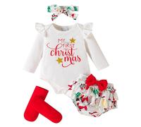 BMKKTOP My First Christmas Baby Girl Outfit, Newborn Infant Toddler Baby Girls Long Sleeve Romper Plaid Ruffle Tutu Skirt Shorts Set with Headband Stocking 4PC Cute Xmas Clothe