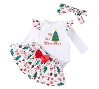 BMKKTOP My First Christmas Baby Girl Outfit, Newborn Infant Toddler Baby Girls Long Sleeve Romper Plaid Ruffle Tutu Skirt Shorts Set with Headband Stocking 4PC Cute Xmas Clothe