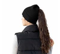 BMKKTOP Women's Stretch Soft Cable Knit Beanie Hat with Hole - Thermal Warm Winter Ponytail Cap, Ladies Slouchy Ribbed Messy High Bun Hat for Outdoor Sport