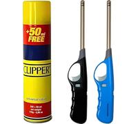 BML 2 x Candle Lighters Long Reach Adjustable Flame Safety Lock Windproof Refillable for Kitchen BBQ Candles Camping Gas Stove Outdoor Cooking with Clipper 300ml Gas Canister (Assorted Colours)