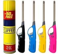 BML 4 x Candle Lighters Long Reach Adjustable Flame Safety Lock Windproof Refillable for Kitchen BBQ Candles Camping Gas Stove Outdoor Cooking with Clipper 300ml Gas Canister (Assorted Colours)