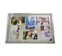 BML 6 Picture Photo Frame 6”x 4” Holds 6 Pictures & Wall Mounted Glass Silver Mirrored Crushed Jewel Crystal Diamante for Family, Multi Aperture Frame