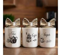 BML Ceramic Tea Coffee Sugar Canisters Set with Bow Lids Stylish Kitchen Storage Jars Black Text With Logo Decorative Containers for modern kitchen countertop (White)