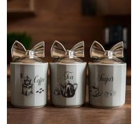 BML Ceramic Tea Coffee Sugar Canisters Set with Bow Lids Stylish Kitchen Storage Jars Black Text With Logo Decorative Containers for modern kitchen countertop (Grey)