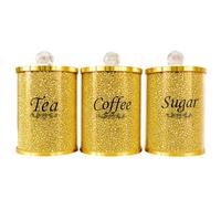 BML Diamond Crushed Tea Coffee Sugar Canisters Jars Kitchen Sparkle Kitchenware Storage Gold Trimmings Crystal Modern Containers Filled Black Writing (Gold Tea Set)