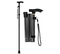BML Foldable Walking Stick Adjustable Height Walking Cane for Elderly Lightweight Portable Mobility Aid with T Handle Wrist Strap Anti Slip Rubber Tip Travel Walking Support (Plain Black)