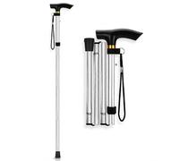 BML Foldable Walking Stick Adjustable Height Walking Cane for Elderly Lightweight Portable Mobility Aid with T Handle Wrist Strap Anti Slip Rubber Tip Travel Walking Support (Silver)