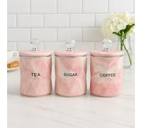 BML Marble Tea Coffee Sugar Canisters Jars Airtight Crystal Lids Uniques Design Kitchen Canister Set for kitchen Decor Housewarming Gift Set (Pink)