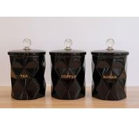 BML Marble Tea Coffee Sugar Canisters Jars Airtight Crystal Lids Uniques Design Kitchen Canister Set for kitchen Decor Housewarming Gift Set (Black)