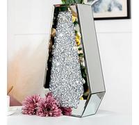 BML Shiny Sparkly Diamond Crushed Glass Silver Mirrored Floor Vase 40cm Cuffin Shape Shelf Sitter with Crystal Glitter Luxury Flower Pot for Wedding Home Decor Garden Office