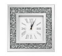 BML Silver Crushed Crystal Mirror Wall Clock with Roman Numerals Square Diamante Jewel Analogue Clock for Living Room Bedroom Hallway and Home Office Decor