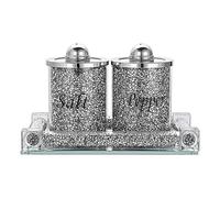 BML Silver Crystal Crushed Diamond Salt & Pepper Durable Storage Canister Jar with Mirror Tray | Cooking Seasoning Storage Canister for Home Decor, Dining Room, Kitchen Decor