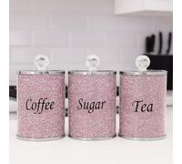 BML Silver Diamond Crushed Pink Tea Sugar Coffee Canisters Jars Kitchen Sparkle | Silver Trimmings Kitchenware Storage Crystal Containers Filled Black Writing
