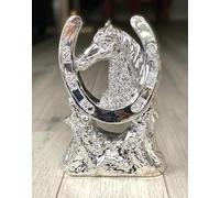 BML Silver Horse Figurine with Crystal Horseshoe Elegant Decorative Ornament for Home Office Gift Lucky Symbol Statue
