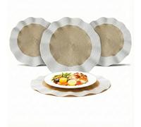 BML Table Placemats Set of 4 Woven Scalloped Edge Heat Resistant Round Table Mats Non Slip Easy Clean Dining Table Mats for Kitchen Home Décor (White & Gold, 38cm)