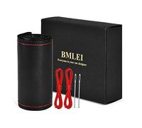 BMLEI Steering Wheel Cover with Top Layer Genuine Leather and Anti-Slip Design, Soft Padding, Breathable, Universal 15 Inch Stitch on Wrap