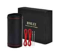 BMLEI Universal Car Steering Wheel Cover with Top Genuine Leather, Anti-Slip Design and Soft Padding, Stitching Style (Black Leather with red Thread)