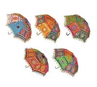 BMLIMITED BML 5 Pcs Indian Handmade Designer Cotton Fashion Multi Colored Embroidery Boho Umbrellas | Mirror Work Vintage Parasols Umbrellas For Indian Wedding, Mehndi Party Decor 61 x 61 Cm