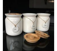 BMLIMITED BML Airtight Set of 3 White Ceramic Tea Sugar Coffee Canister Rope Labels Kitchen Storage Canisters Jars With Bamboo Lid For Kitchen Counter