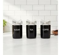BMLIMITED BML Black Ceramic Tea Coffee Sugar Canister Set with Silver Bow Lids Airtight Kitchen Storage Jars for Kitchen Countertop Décor Accessories