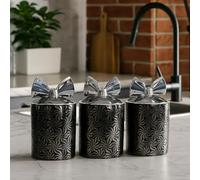 BMLIMITED BML Ceramic Tea Coffee Sugar Canister Set Black Swirl Design with Silver Bow Lids Decorative Jars for Modern Kitchen Countertop (Black)
