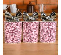 BMLIMITED BML Ceramic Tea Coffee Sugar Canister Set Pink Swirl Design with Silver Bow Lids Decorative Jars for Modern Kitchen Countertop (Pink)