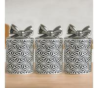 BMLIMITED BML Ceramic Tea Coffee Sugar Canister Set White Swirl Design with Silver Bow Lids Decorative Jars for Modern Kitchen Countertop (White)