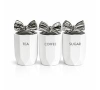 BMLIMITED BML Ceramic Tea Coffee Sugar Canisters Set Airtight Kitchen Storage Jars Decorative Countertop Canister Set with Silver Bow Lids Ideal Housewarming Gift & New Home Kitchen Accessory