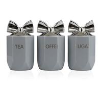 BMLIMITED BML Ceramic Tea Coffee Sugar Canisters Set kitchen storage Container Canister jars with Silver Bow Lid for Home Kitchen Other Sweet Treats Kitchen Accessories (Grey)
