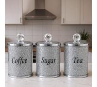 BMLIMITED BML Diamond Crushed Tea Coffee Sugar Canisters Jars Kitchen Sparkle Kitchenware Storage Silver Trimmings Crystal Modern Containers Filled Black Writing