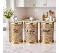 BMLIMITED BML Diamond Crushed Tea Coffee Sugar Canisters Jars Kitchen Sparkle Kitchenware Storage Silver Trimmings Crystal Modern Containers Filled Black Writing (Gold lid canister)