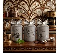 BMLIMITED BML Grey Ceramic Tea Coffee Sugar Storage Canister Set of 3 Kitchen Counter Storage Jars with Silver Bow Lids for Tea Coffee Sugar Pantry Organisation