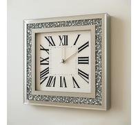 BMLIMITED BML Luxury Silver Square Wall Clock with Roman Numerals Mirrored Glass Frame with Crushed Crystals Silent Non Ticking Quartz Wall Clock for Living Room Bedroom Home Decor (35 cm)