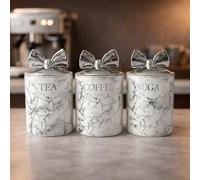 BMLIMITED BML Marble Tea Coffee Sugar Canister Set With Silver Bow Lids Ceramic Kitchen Storage Jars Suitable For Countertop Use Modern Home Decor Containers For Everyday use (White)
