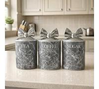 BMLIMITED BML Marble Tea Coffee Sugar Canister Set With Silver Bow Lids Ceramic Kitchen Storage Jars Suitable For Countertop Use Modern Home Decor Containers For Everyday use (Gray)