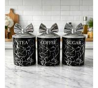 BMLIMITED BML Marble Tea Coffee Sugar Canister Set With Silver Bow Lids Ceramic Kitchen Storage Jars Suitable For Countertop Use Modern Home Decor Containers For Everyday use (Black)