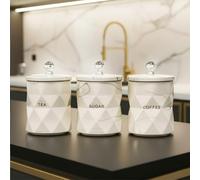 BMLIMITED BML Marble Tea Coffee Sugar Canisters Jars Airtight Crystal Lids Uniques Design Kitchen Canister Set for kitchen Decor Housewarming Gift Set (White)