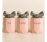 BMLIMITED BML Pink Ceramic Tea Coffee Sugar Canister Set with Silver Bow Lids Airtight Kitchen Storage Jars for Kitchen Countertop Décor Accessories