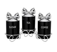 BMLIMITED BML Set of 3 Black Ceramic Tea Coffee Sugar Canisters with Metal Storage Rack, Airtight Kitchen Storage Jars for Countertop Organisation, Pantry Containers for Dry Food, Modern Home Storage