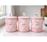 BMLIMITED BML Tea Coffee Sugar Canister Marble Effect Kitchen Storage Jars with Airtight Crystal Lids Modern Countertop Containers Gift Set