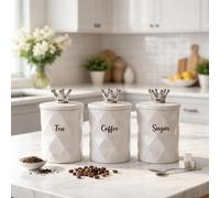 BMLIMITED BML White Ceramic Tea Coffee Sugar Canister Set of 3 Luxury Kitchen Storage Jars with Crown Lid Decorative Countertop Containers for Modern Kitchen Organisation