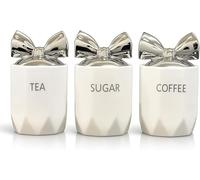 BMLIMITED BML White Ceramic Tea Coffee Sugar Canister Set with Silver Bow Lids Airtight Kitchen Storage Jars for Kitchen Countertop Décor Accessories