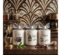 BMLIMITED BML White Elegant Ceramic Tea Coffee Sugar Storage Canisters Set with Silver Bow Lids Airtight Kitchen Counter Containers for Tea Coffee Sugar Food Storage
