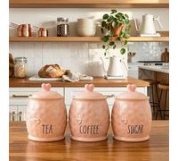 BMLIMITED Ceramic Tea Coffee Sugar Canister Set White Kitchen Storage Jars with Heart Lids Rustic Farmhouse Countertop Pots UK Kitchen Accessories (Pink)